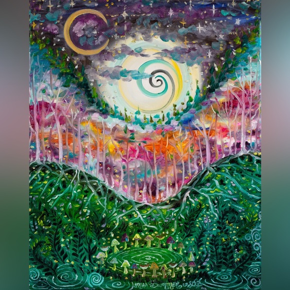 Fairy Ring Art Print Oil Painting fairytale fantasy mushrooms moon forest decor - Picture 7 of 7